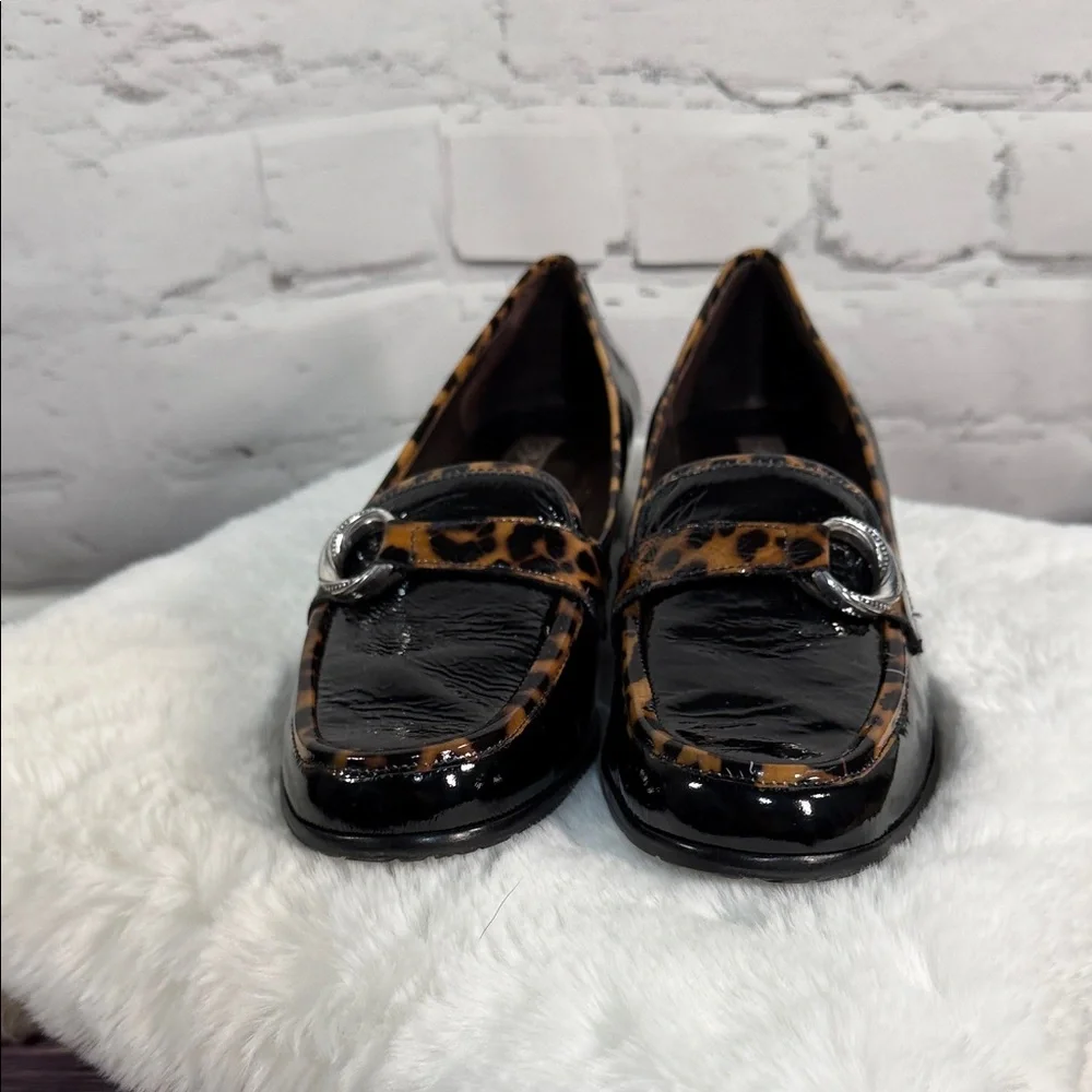 Brighton Actor patent leather loafers in‎ black with leopard print trim EUC